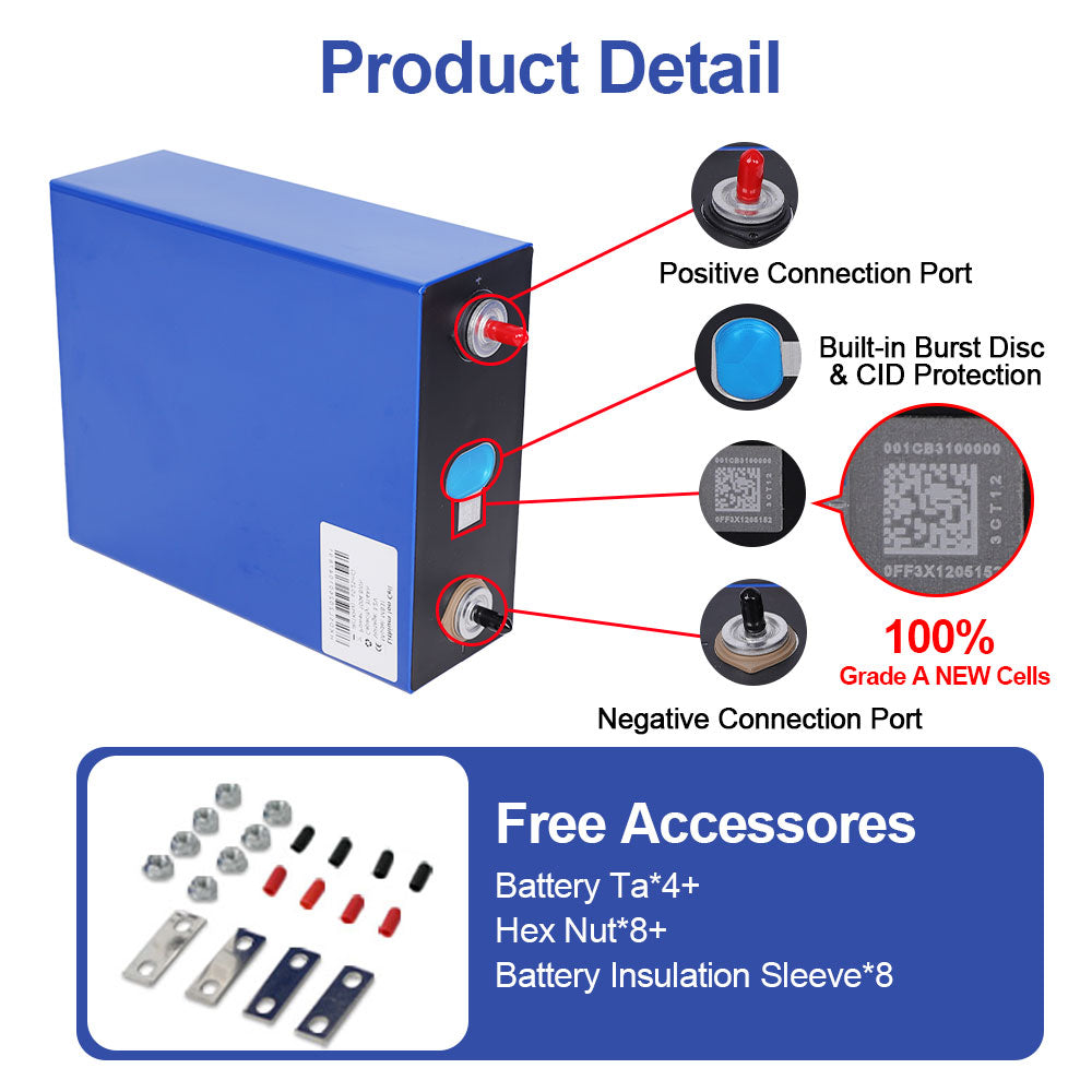 3.2V 304Ah LiFePO4 Battery Cell Grade A Prismatic Lithium Ion Battery for Solar Energy Storage RV EV UPS