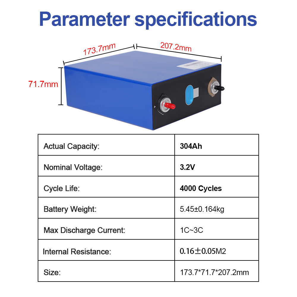 3.2V 304Ah LiFePO4 Battery Cell Grade A Prismatic Lithium Ion Battery for Solar Energy Storage RV EV UPS